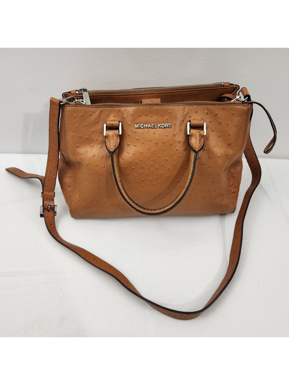 Michael Kors Brown Zip Satchel Top Handle Detachable Strap Embossed Leather